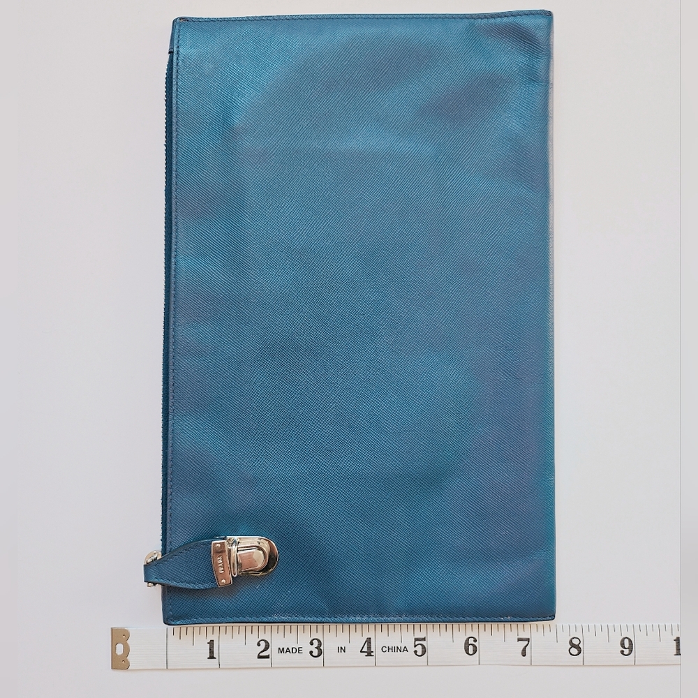 PRADA Saffiano Leather Blue Zipper Clutch Pouch Bag With Silver Hardware. - Picture 3 of 14